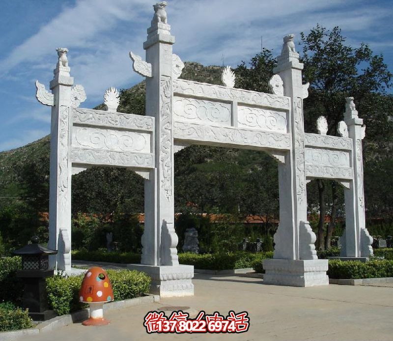 精致園林景觀，漢白玉華表浮雕祥云門樓石牌坊