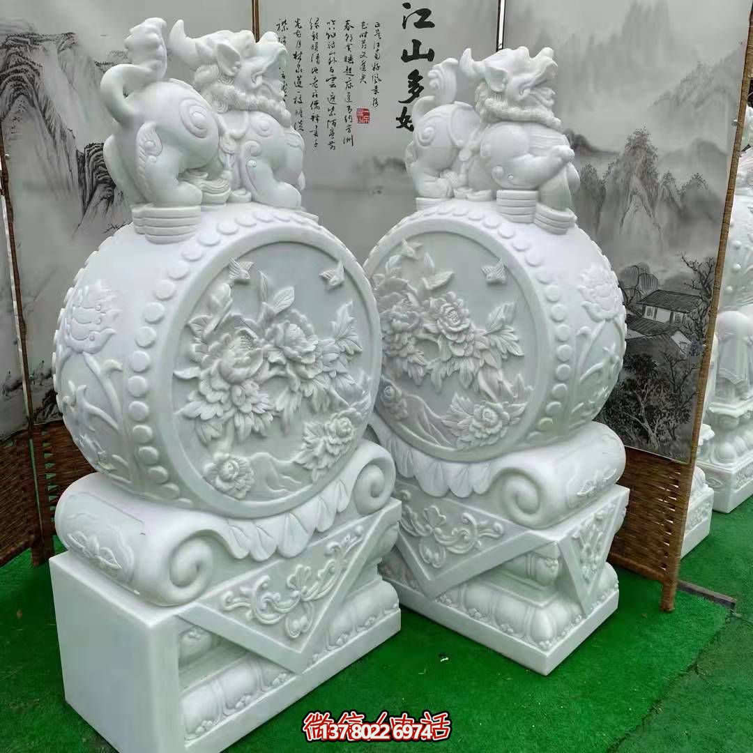 天然優(yōu)質(zhì)漢白玉浮雕麒麟抱鼓石，裝點(diǎn)你的庭院門口