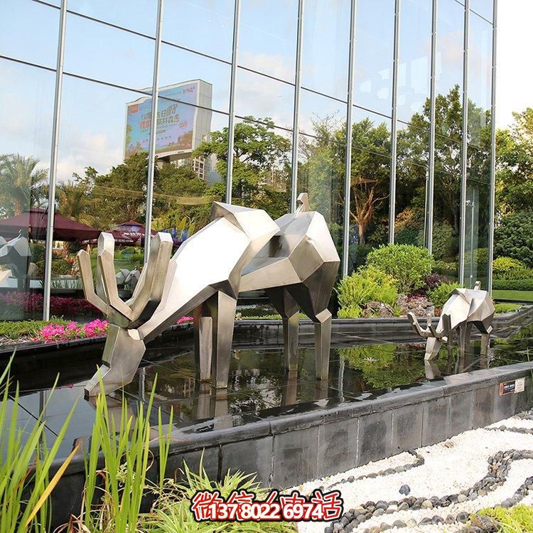 精致雕塑，幾何鏡面不銹鋼鹿，點綴精致水景小品