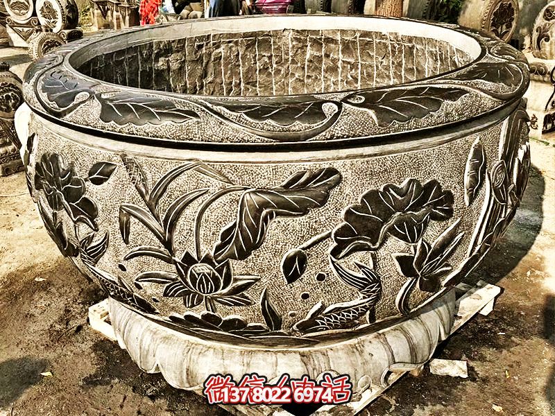 精美大理石浮雕蓮花缸，現(xiàn)代庭院裝飾雕塑