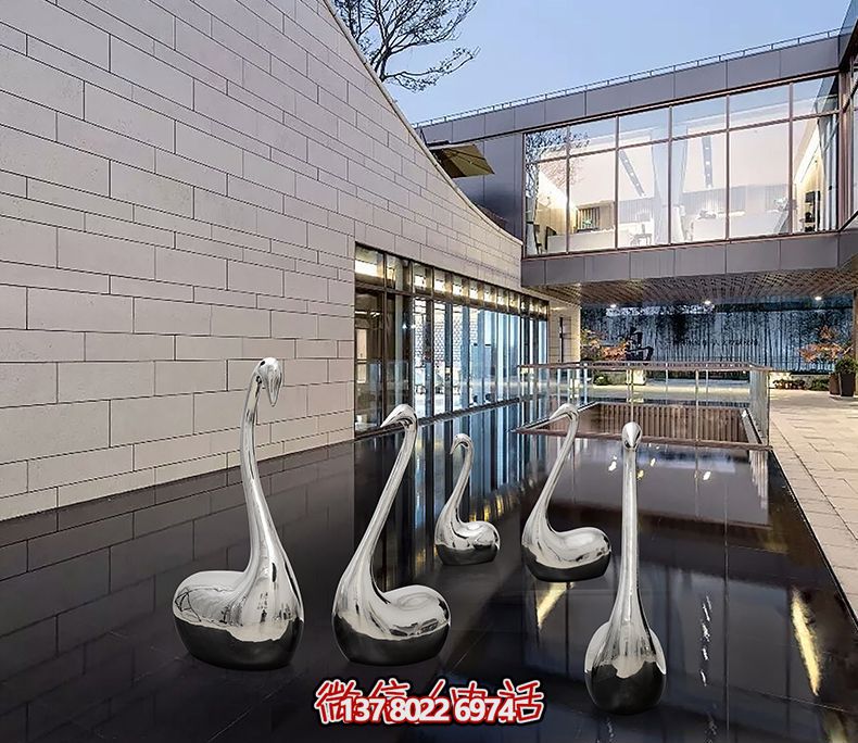 不銹鋼創(chuàng)意天鵝雕塑，鏡面水中裝飾別墅