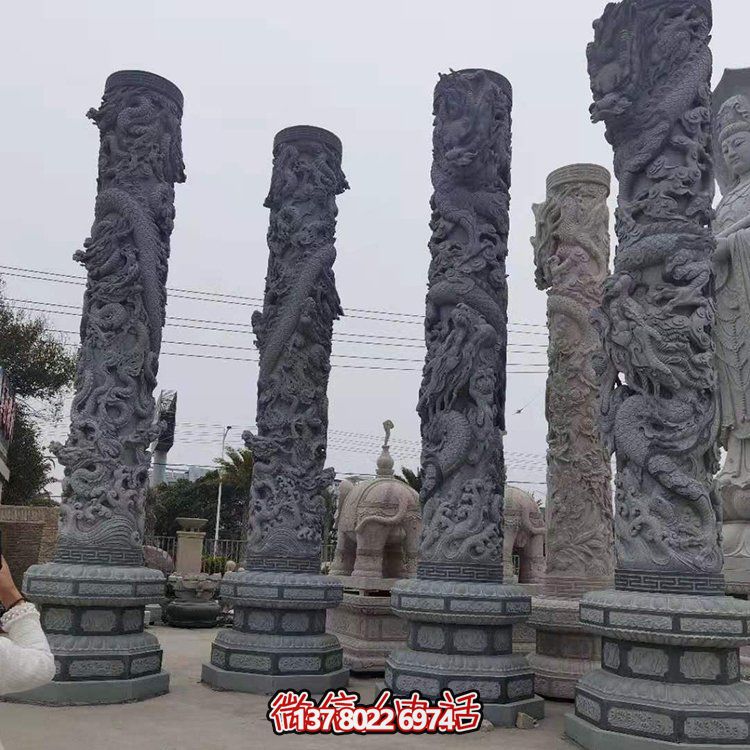青石浮雕龍柱，精美石雕園林景觀裝飾