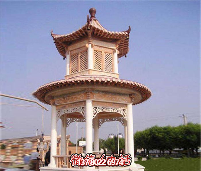 鏤空雕刻涼亭，休閑享受晚霞紅