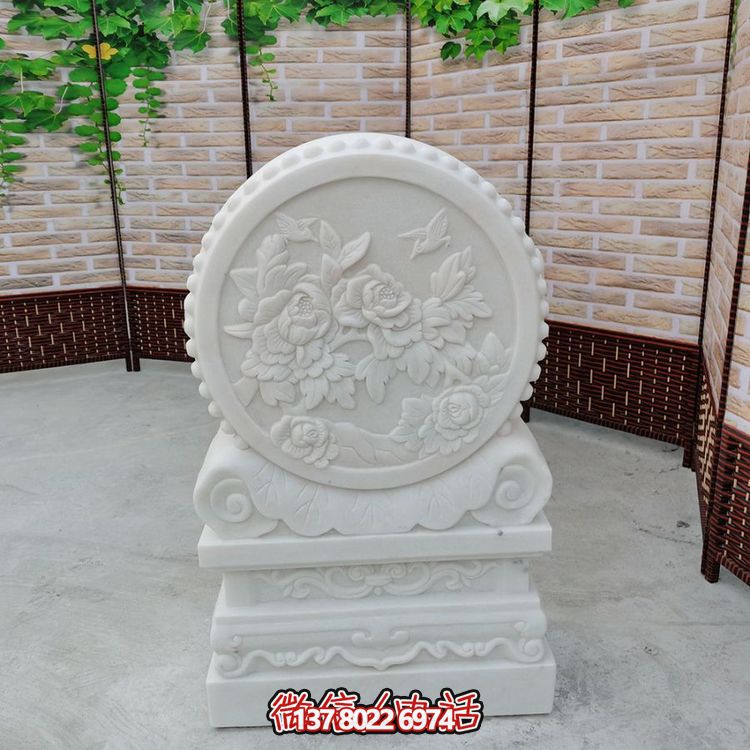 中式風格天然漢白玉石雕抱鼓浮雕門墩，花開富貴