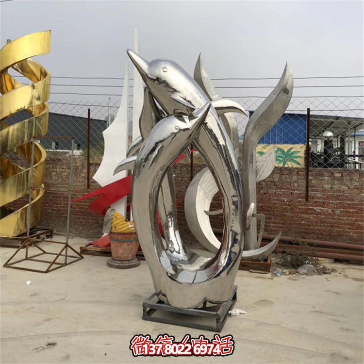 精美不銹鋼海豚雕塑，為您的戶外廣場增添水景鏡面美感