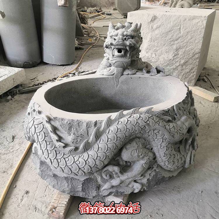 仿古石缸水缸青石龍形浮雕雕塑，為您的庭院增添一抹古樸