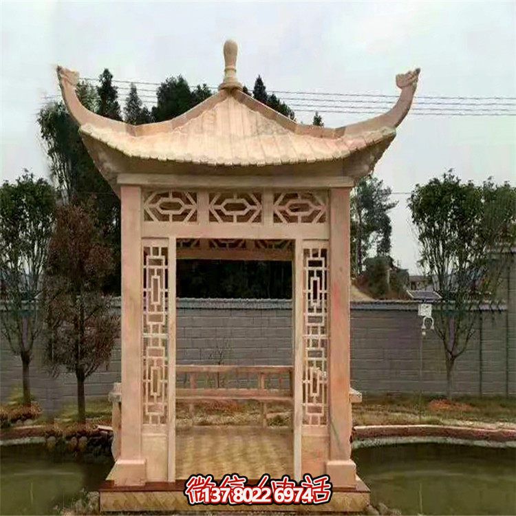紅石雕鏤涼亭，晚霞中空中創(chuàng)意雕塑