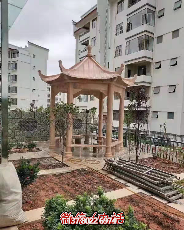 晚霞色石雕大理石涼亭，點(diǎn)綴園林美景