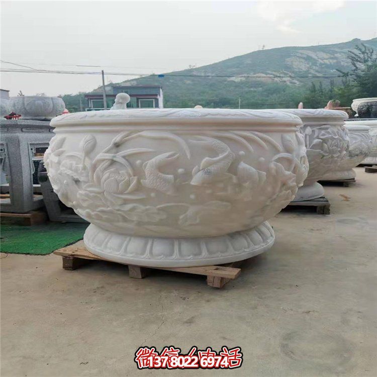 古典經(jīng)典，漢白玉鯉魚雕刻圓形水缸