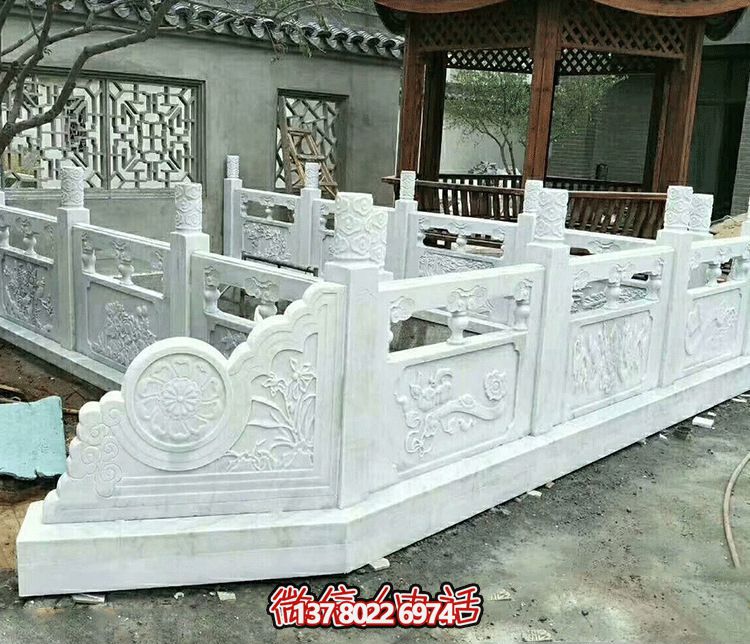 唯美古典庭院，池塘裝飾雕塑，漢白玉欄桿