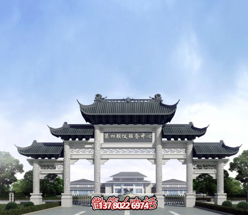 一座新式殯儀館五門景觀、青瓦斗拱、牌樓等高雅裝飾