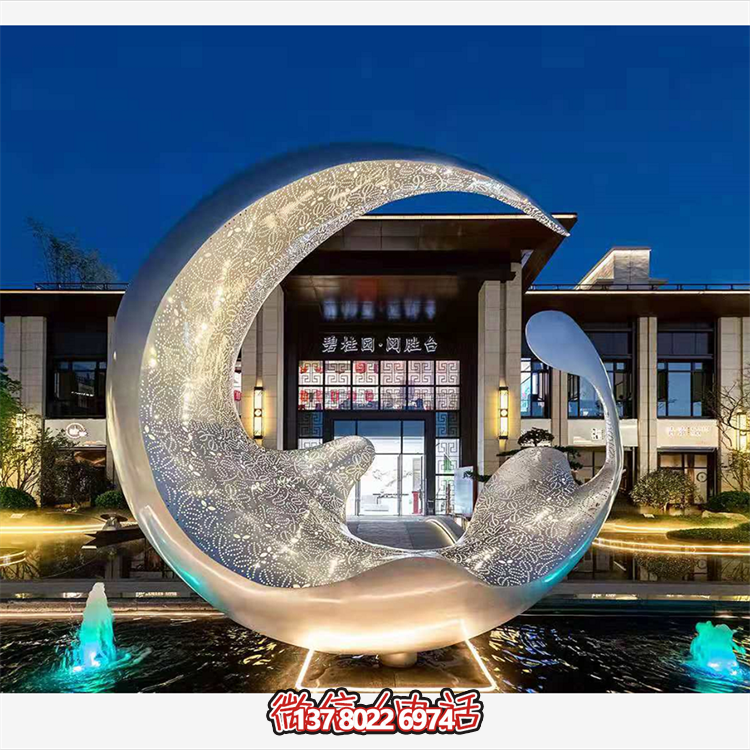 不銹鋼月亮水滴雕塑，透光水景裝飾雕塑