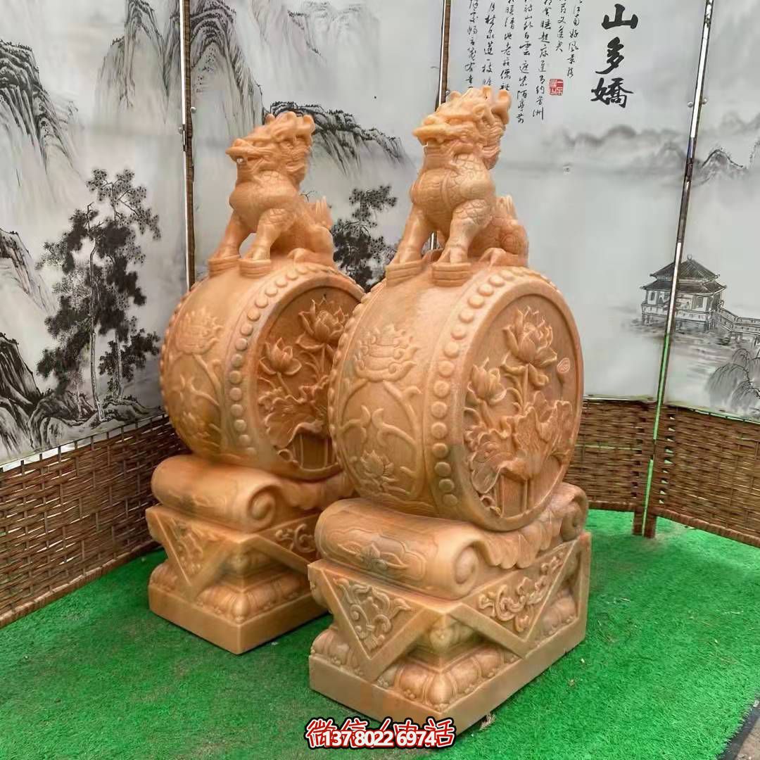 麒麟抱鼓石，晚霞紅荷花門墩